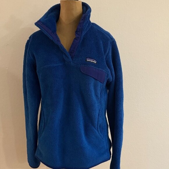 Patagonia sz M Royal Blue Fleece Pullover kangaroo pocket, snaps great condition - Picture 1 of 7